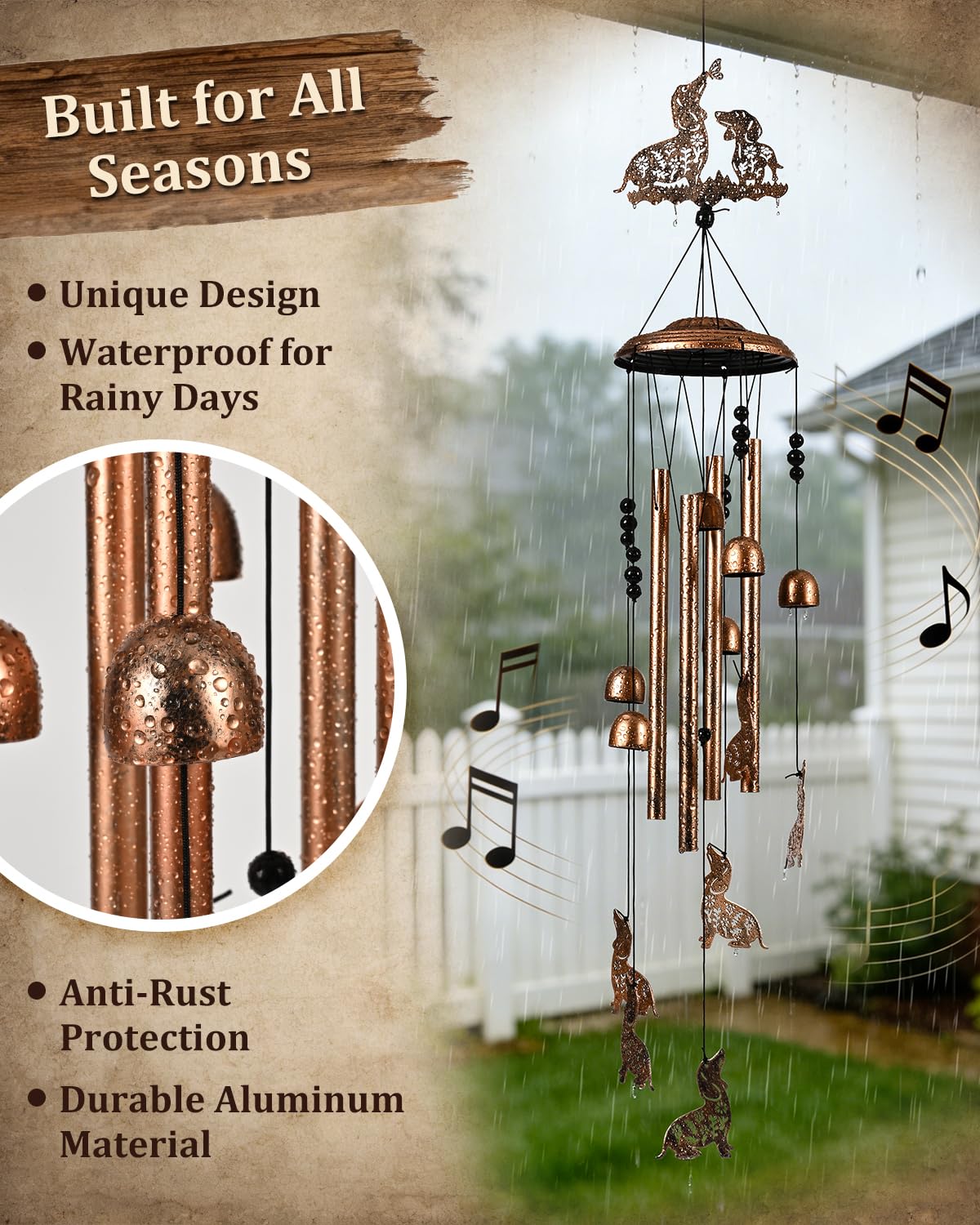 Rustic bronze finish wind chimes by SUNCKET resist rust and fade