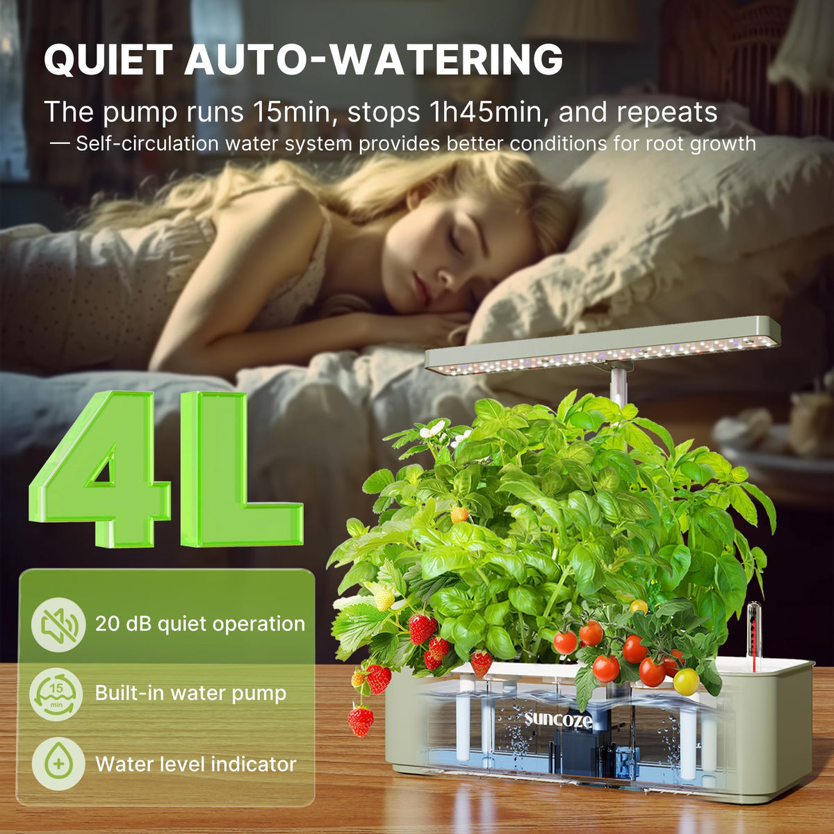SUNCOZE 4L water tank and quiet pump delivering steady hydration