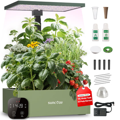 SUNCOZE 20-pod hydroponics unit with height adjustable pole for versatile plant placement.