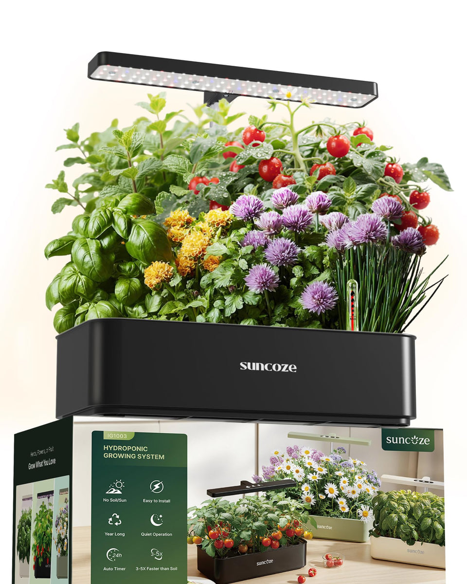 SUNCOZE hydroponics system with 12 pods for compact indoor gardening.