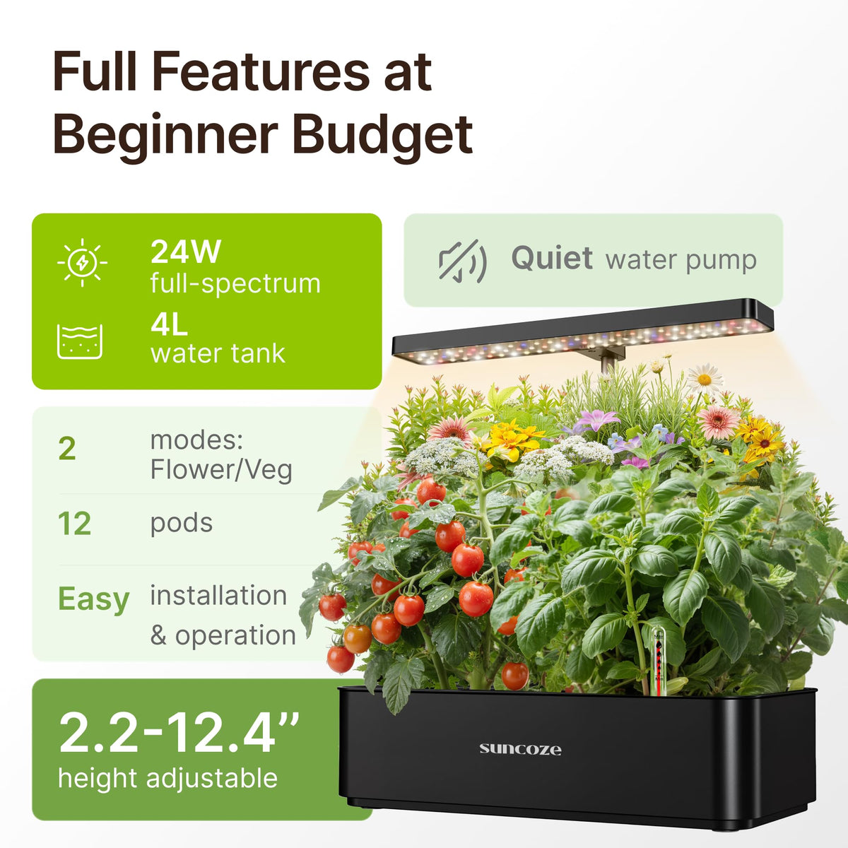 SUNCOZE 24W LED grow light panel powering healthy herb growth.