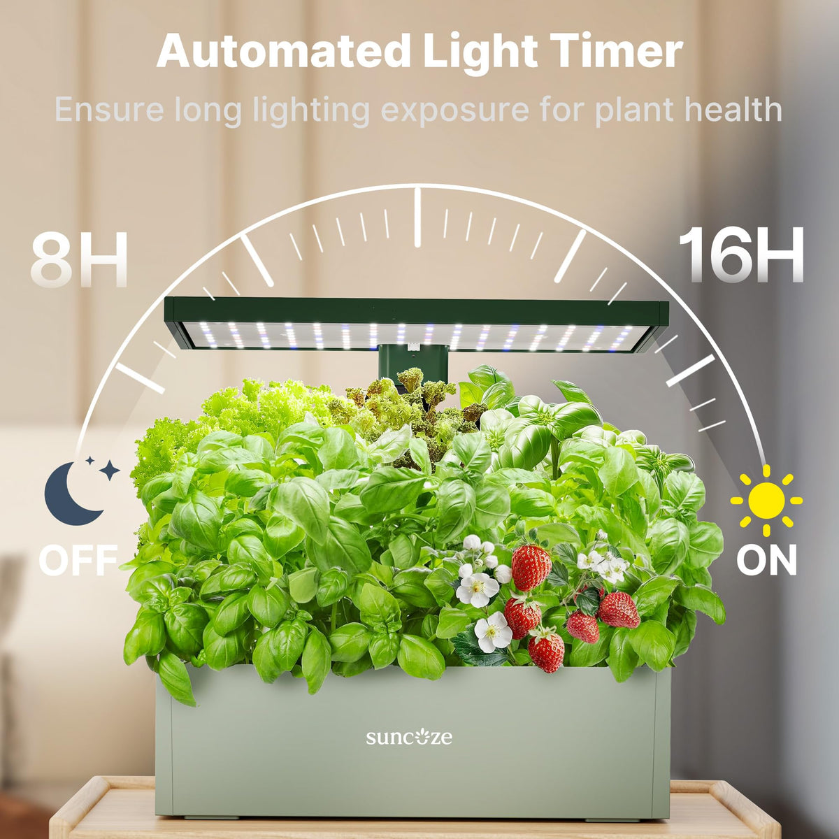 SUNCOZE light timer and water indicators help you monitor the garden.