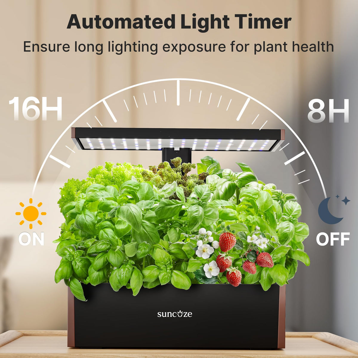 Suncoze timer enables consistent light cycles for steady growth.