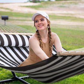 SUNCREAT hammock with hardwood spreader bar provides stable, stylish support.
