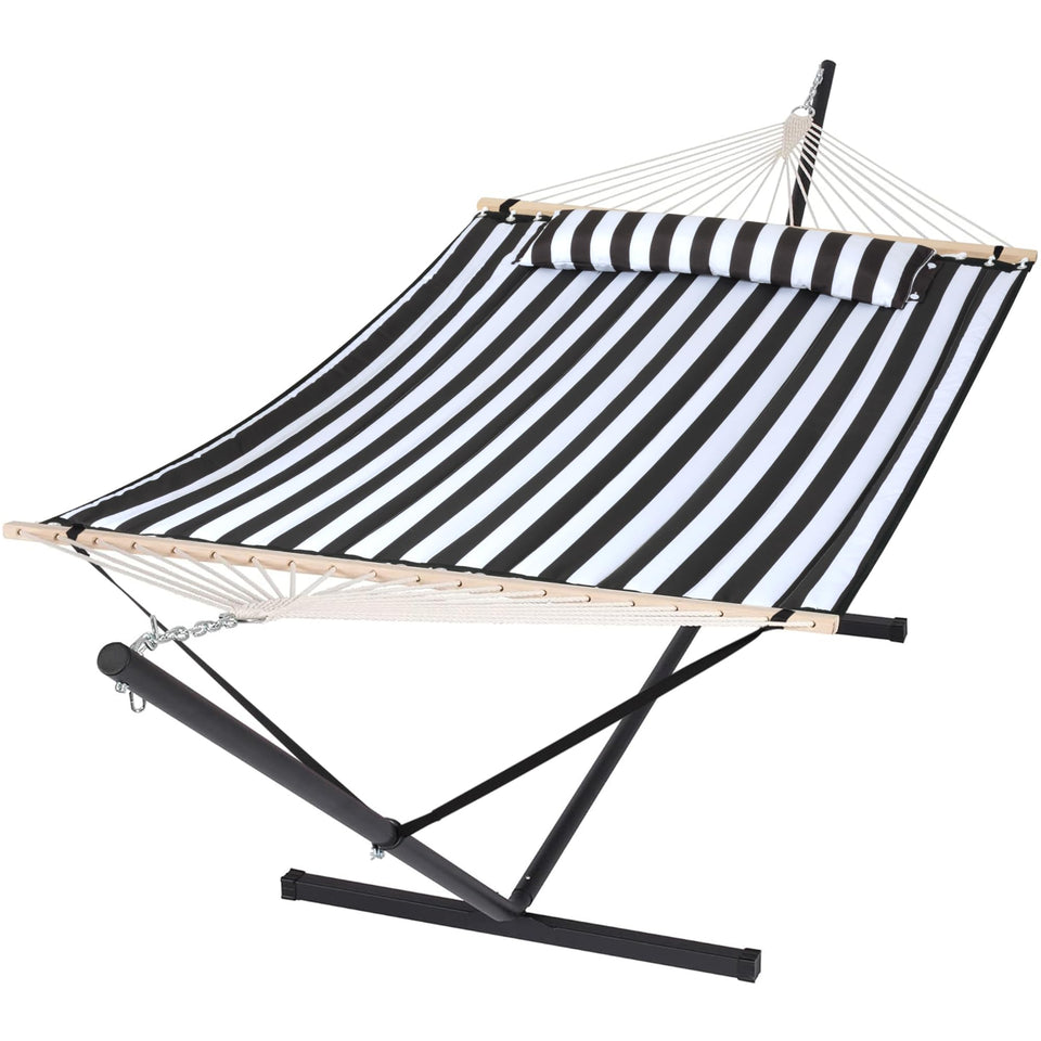 SUNCREAT two-person hammock with stand for cozy outdoor lounging.
