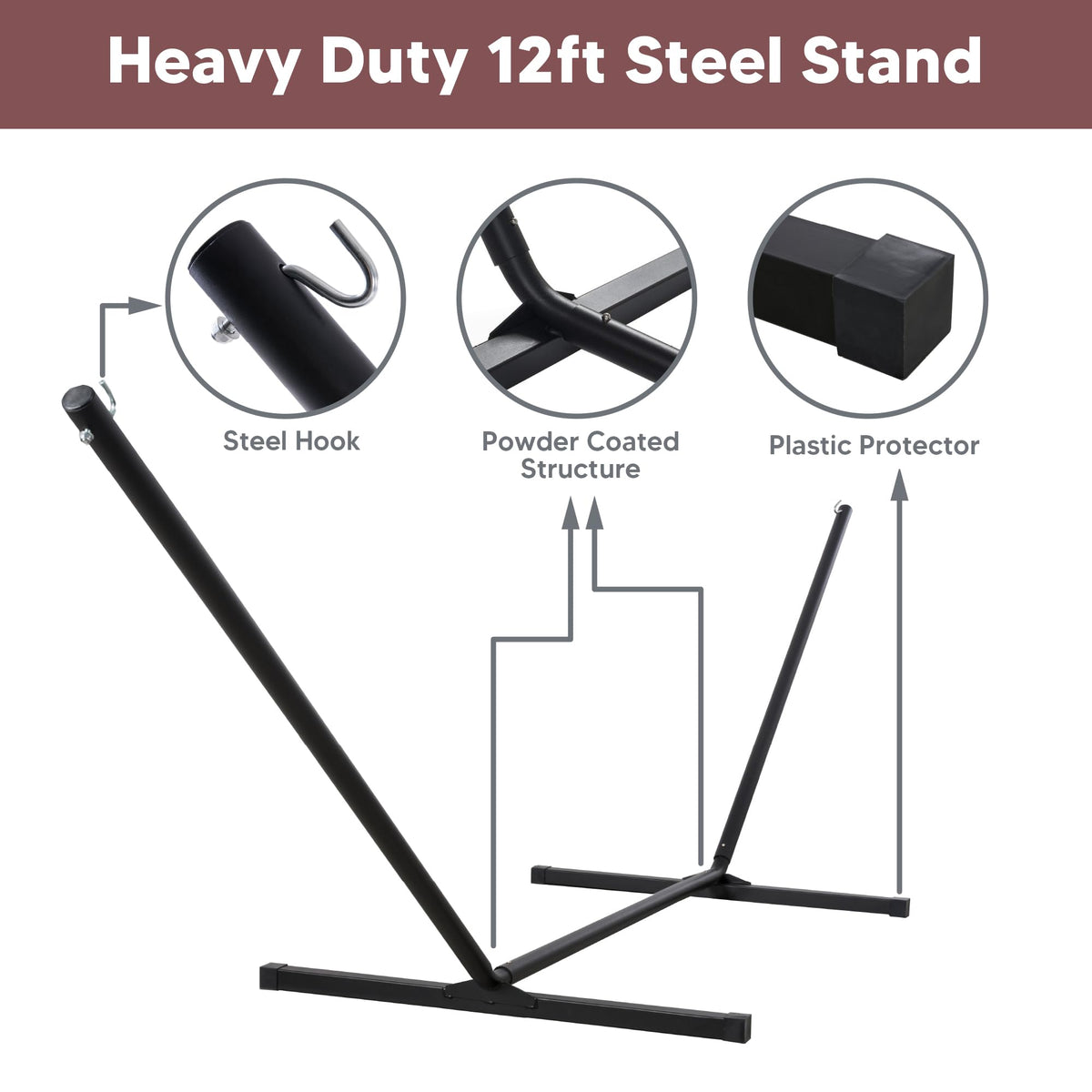 Suncreat 12 ft stand is powder-coated steel for durable outdoor use.