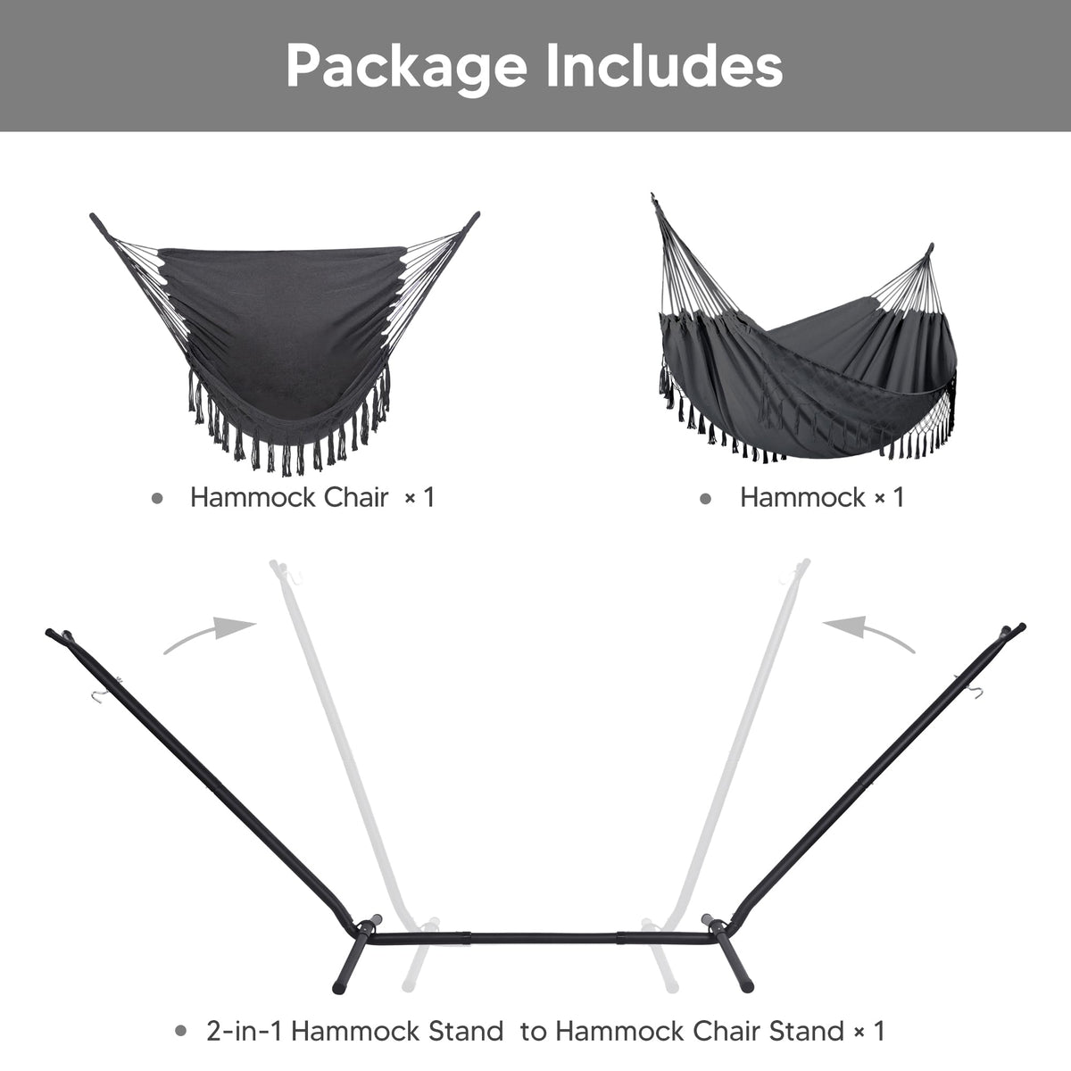 SUNCREAT convertible stand enables quick switch between hammock and chair.