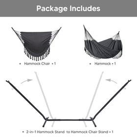 SUNCREAT convertible stand enables quick switch between hammock and chair.