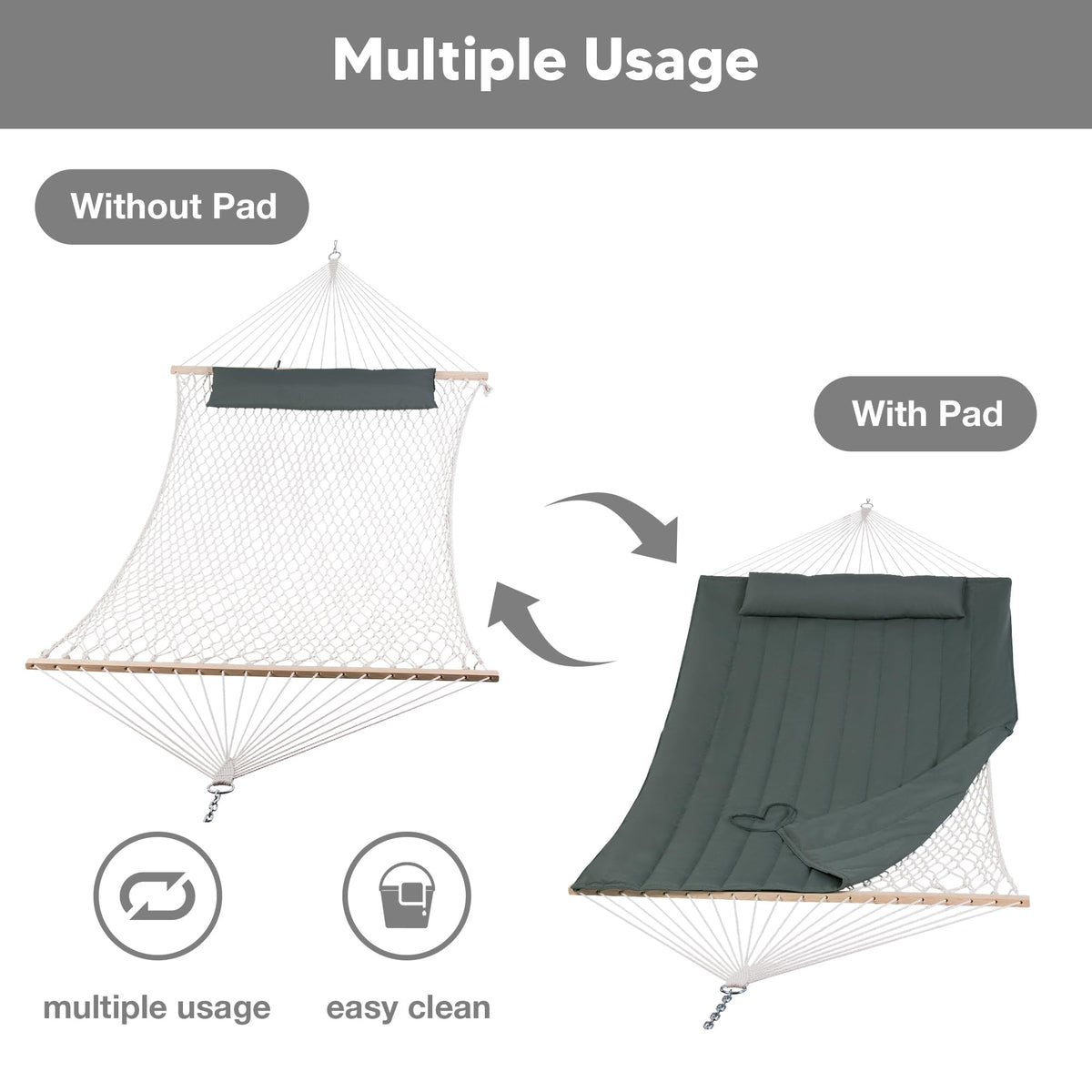 SUNCREAT cotton rope hammock with breathable support for relaxation.