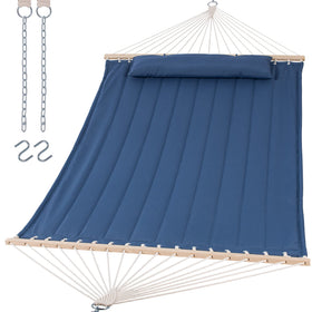 Suncreat double hammock blue with hardwood spreader bar for stable outdoor lounging.