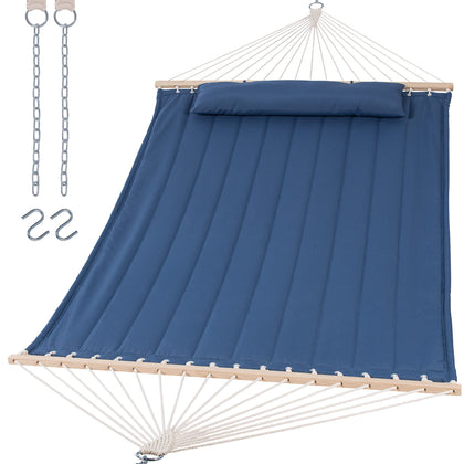 Suncreat double hammock blue with hardwood spreader bar for stable outdoor lounging.