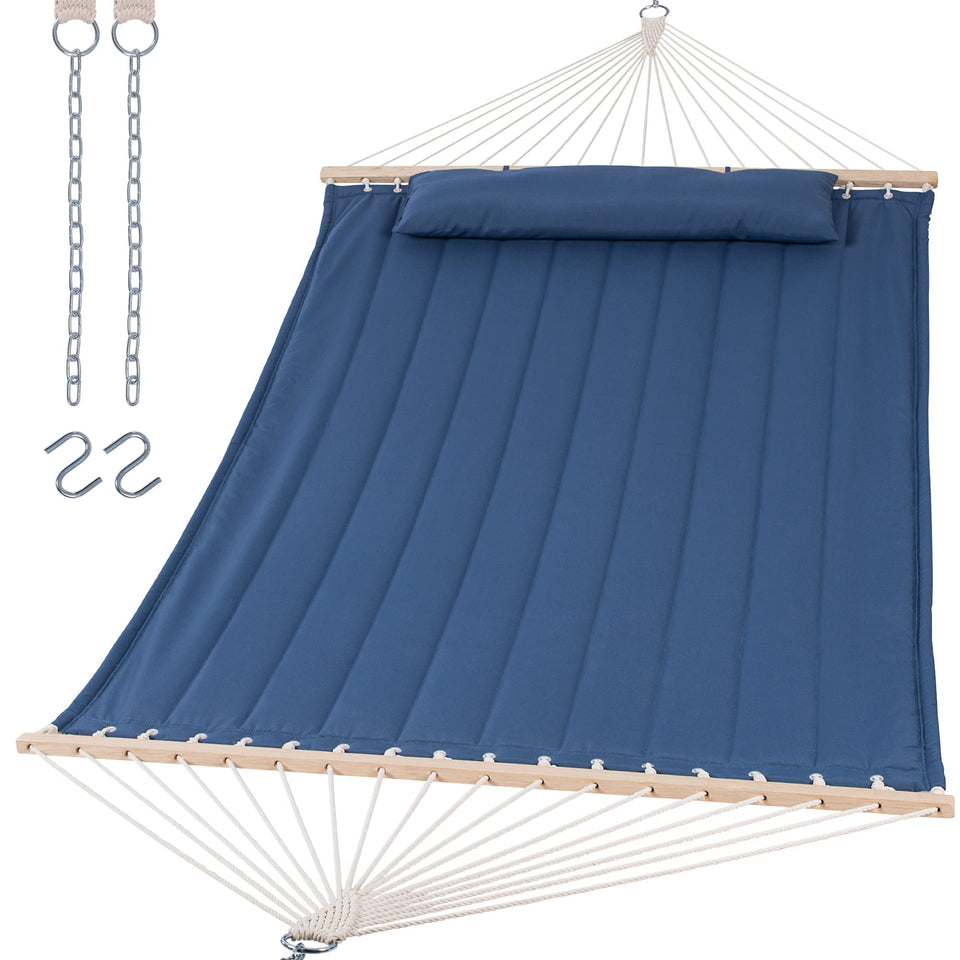 Suncreat double hammock blue with hardwood spreader bar for stable outdoor lounging.