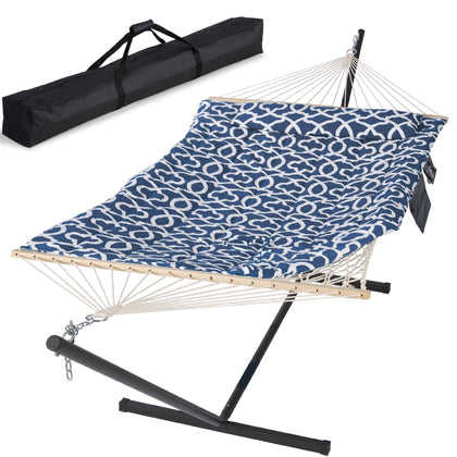 Suncreat double hammock with stand ready for outdoor lounging.
