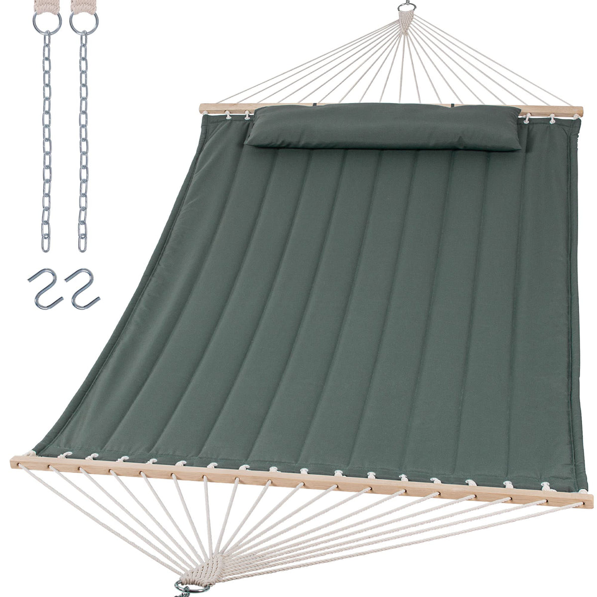 SUNCREAT double hammock with wood spreader bar for stable outdoor lounging.