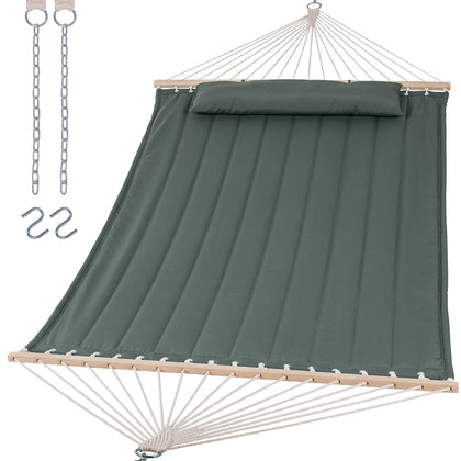 SUNCREAT double hammock with wood spreader bar for stable outdoor lounging.