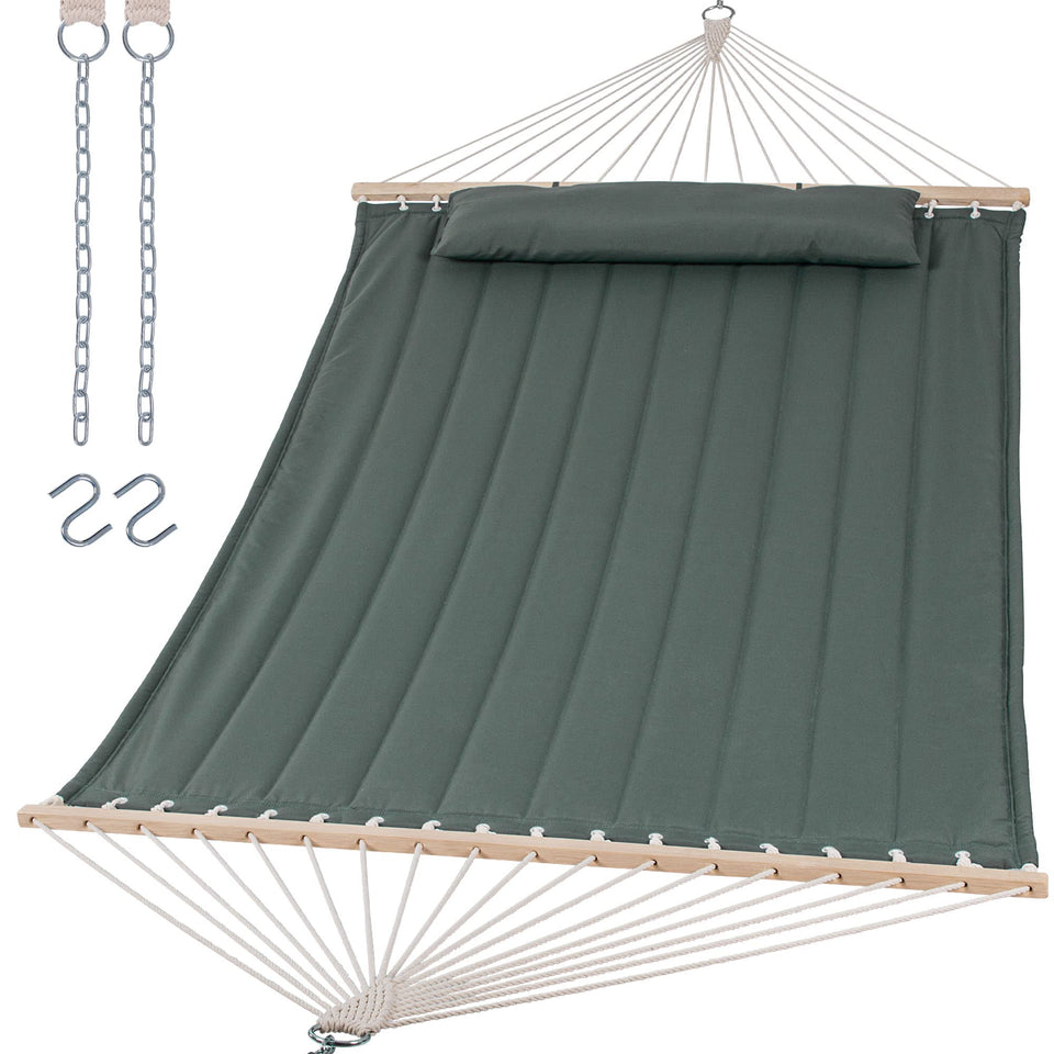 SUNCREAT double hammock with wood spreader bar for stable outdoor lounging.