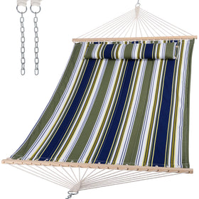 SUNCREAT double hammock outdoors in blue and aqua for two relaxing sessions.