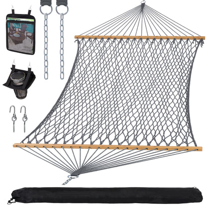 Suncreat double outdoor hammock in full view for backyard lounging.