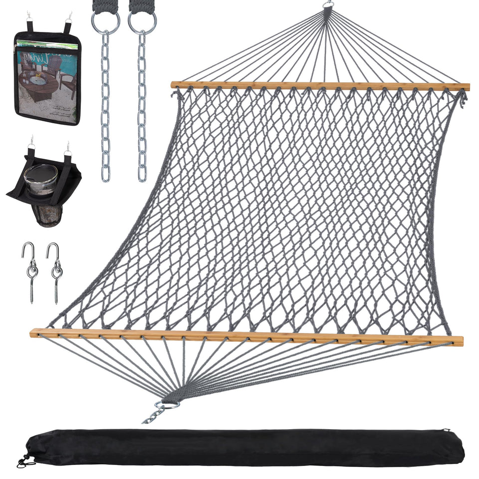 Suncreat double outdoor hammock in full view for backyard lounging.