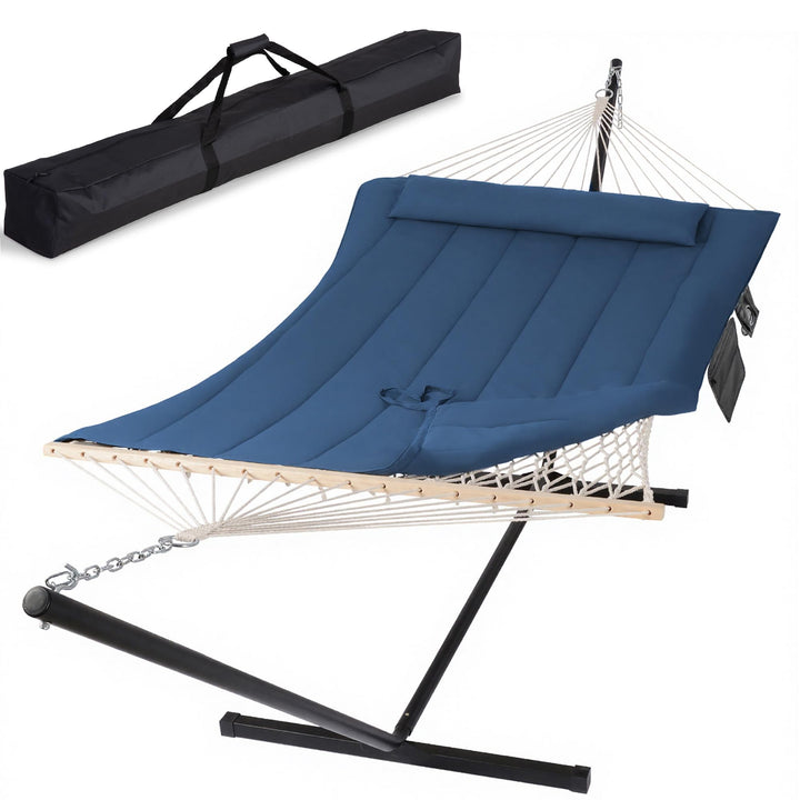 SUNCREAT double rope hammock bed 76x52 in for two-person relaxation outdoors.