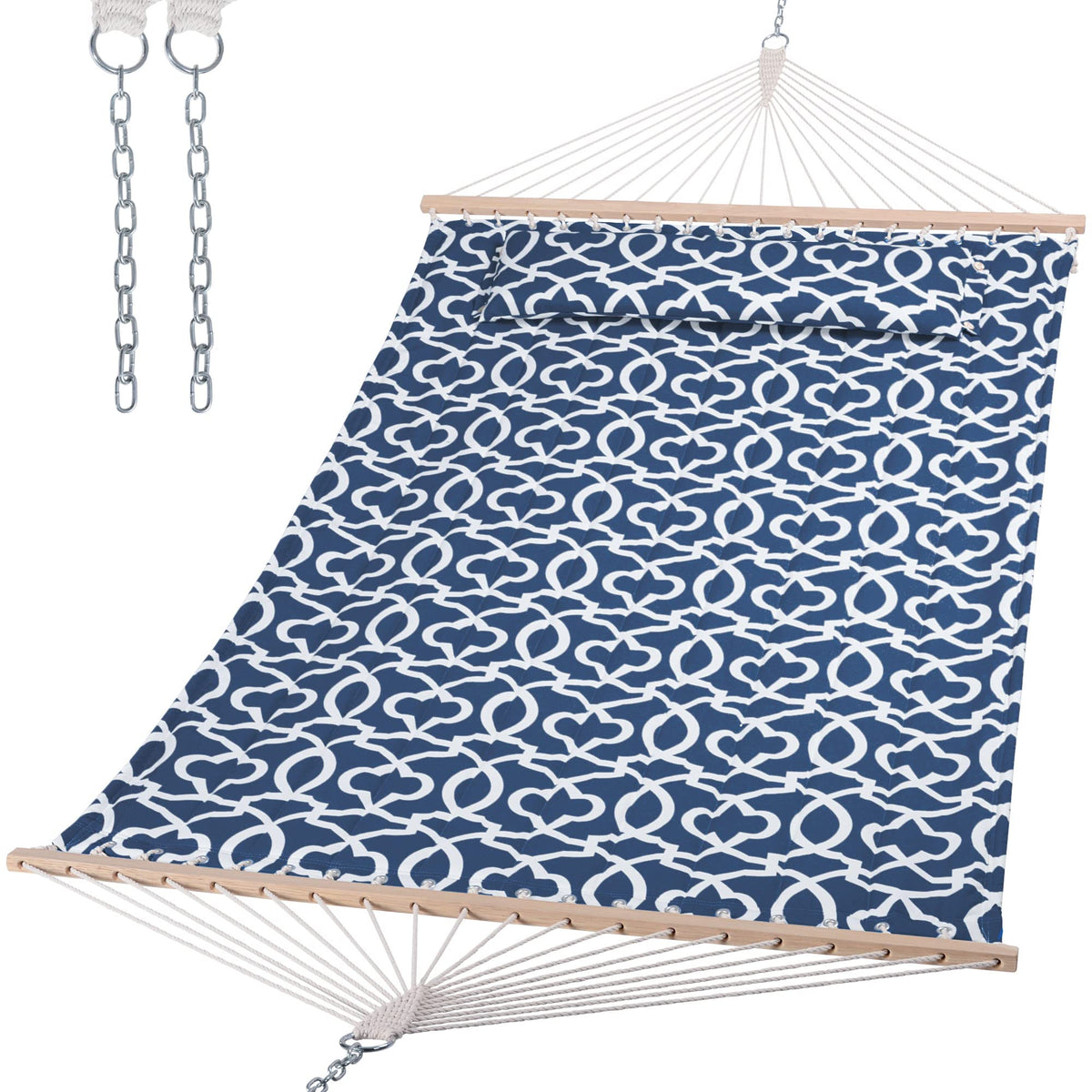 Suncreat double-tree hammock with hardwood spreader bar for sturdy outdoor lounging.