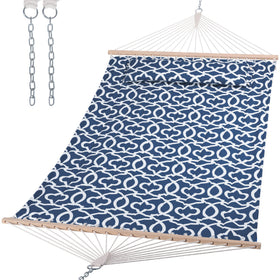 Suncreat double-tree hammock with hardwood spreader bar for sturdy outdoor lounging.