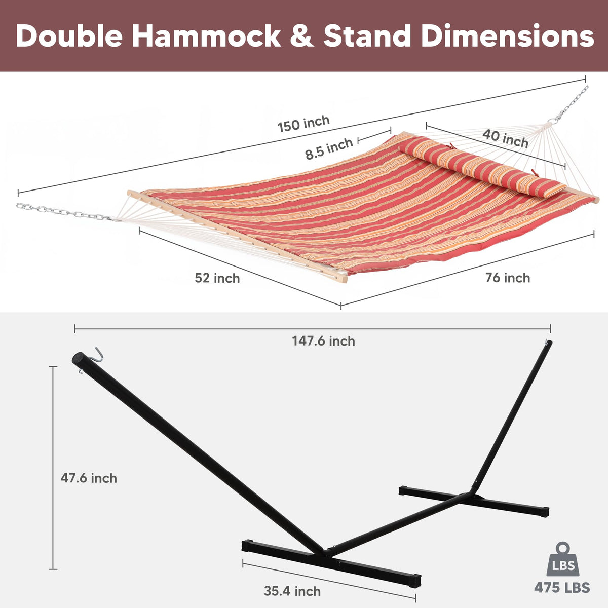 Suncreat hammock bed 76 by 52 inches accommodates two adults.