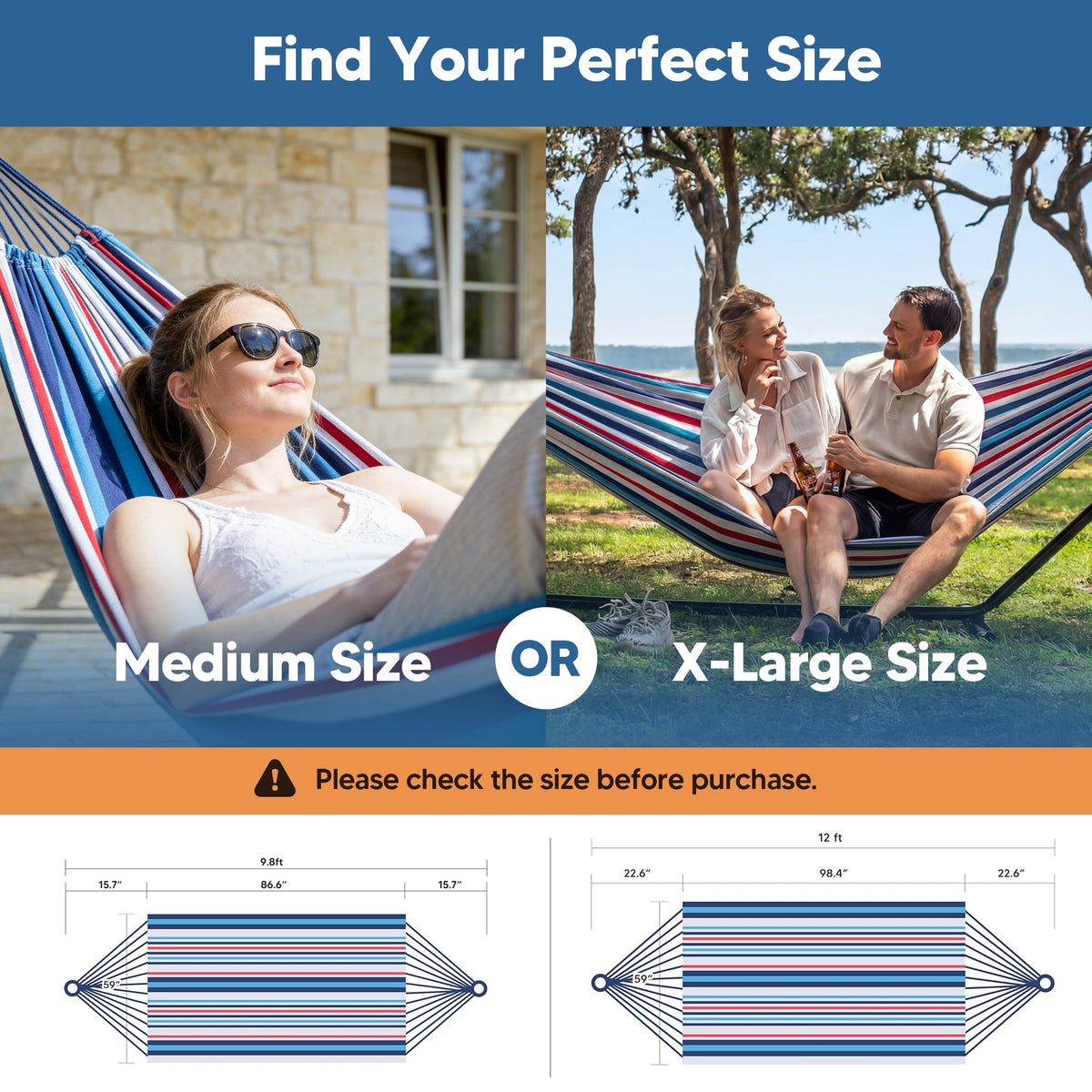 Suncreat hammock dimensions: total length 144 inches and bed 98 by 59 inches for space.