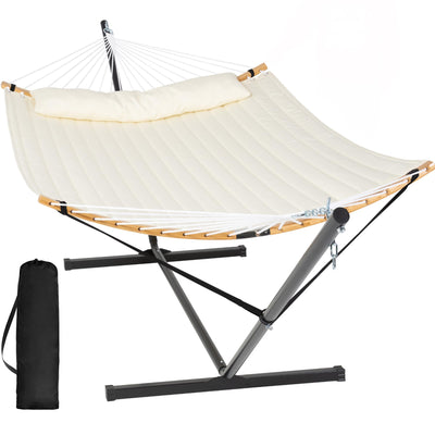 SUNCREAT hammock outdoors beige with stand side view shows easy setup for relaxation