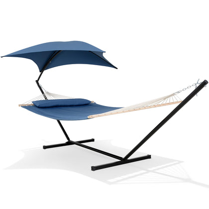 SUNCREAT outdoor hammock with stand demonstrates easy setup and sturdy stability.