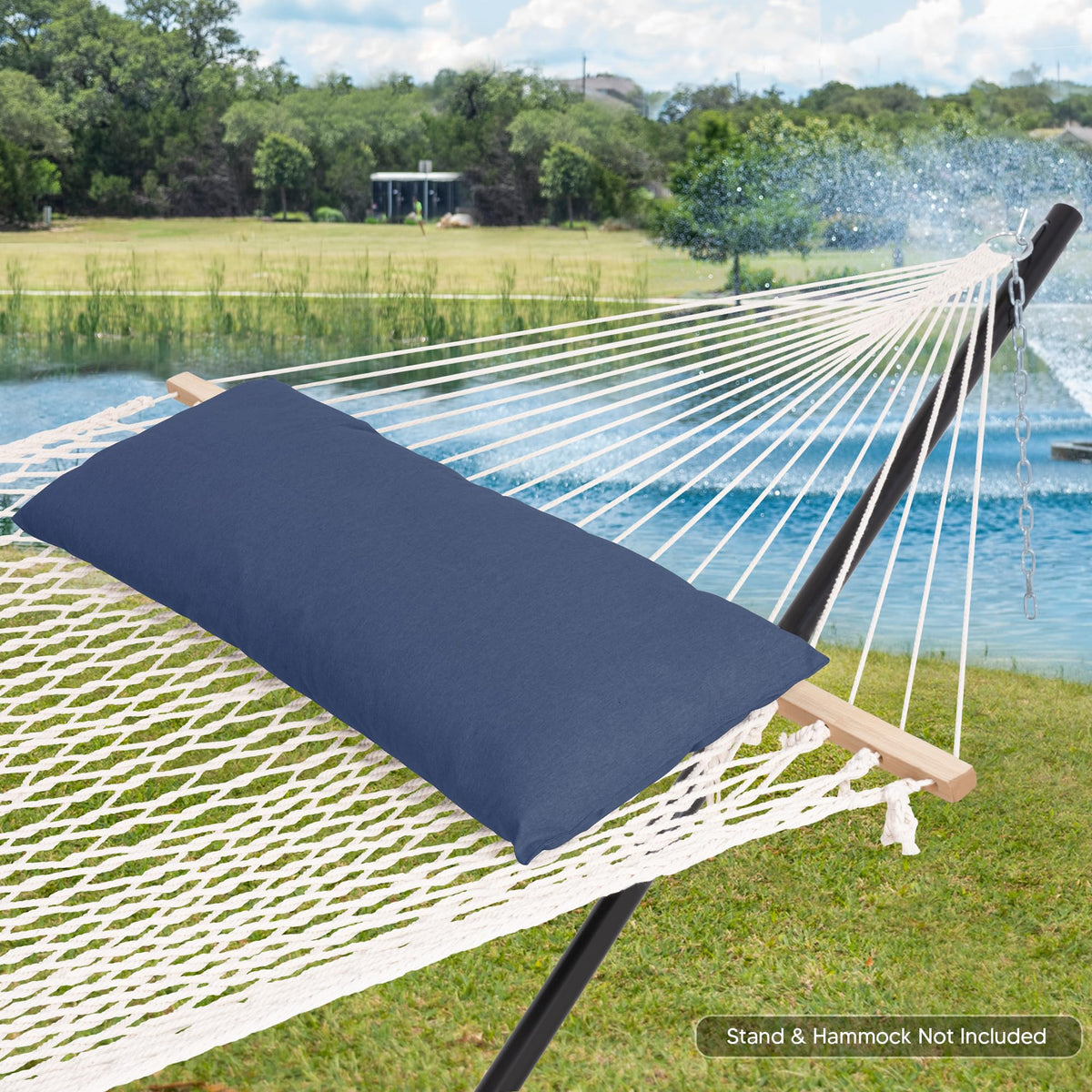 SUNCREAT hammock pillow with ties navy keeps cushion in place.