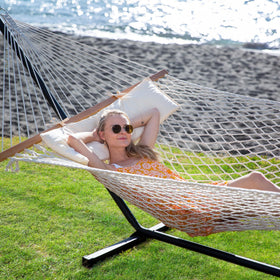 SUNCREAT hammock stand assembly shows easy setup and portability.