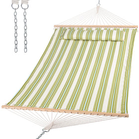 Suncreat hammock two-person setup between trees for outdoor relaxation.