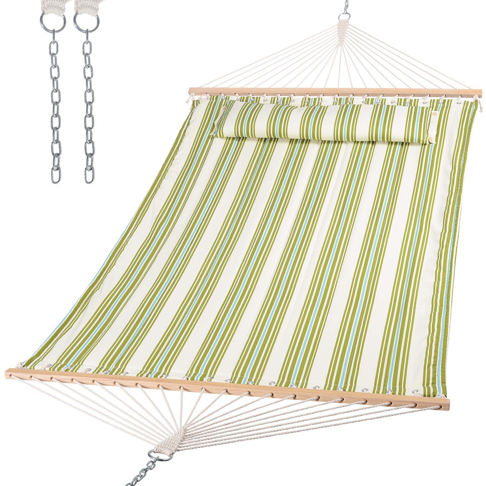 Suncreat hammock two-person setup between trees for outdoor relaxation.