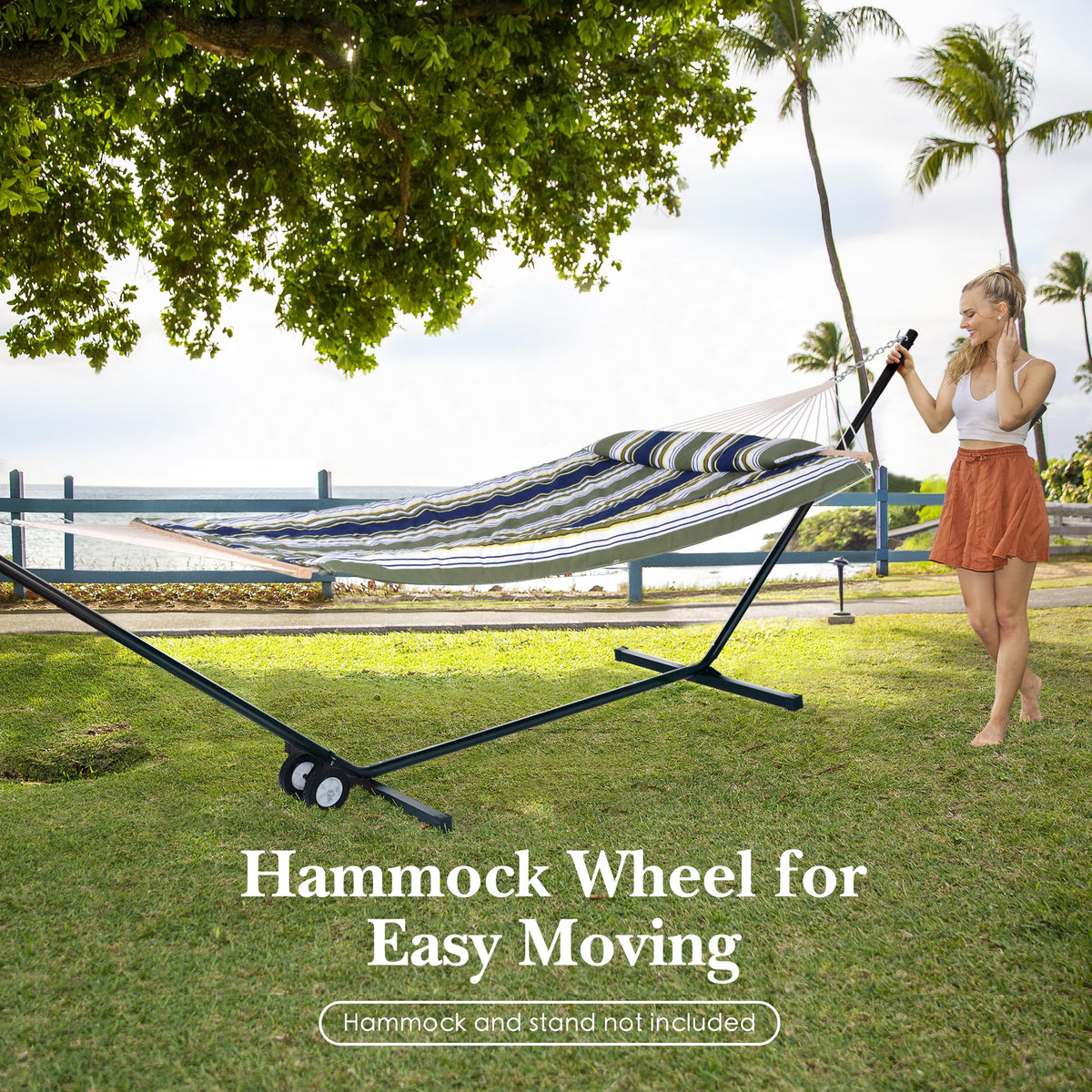 SUNCREAT hammock wheel kit side bracket view demonstrates sturdy steel construction for durability.