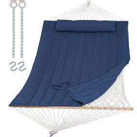 SUNCREAT hammock with hardwood spreader bar provides stable outdoor lounging.