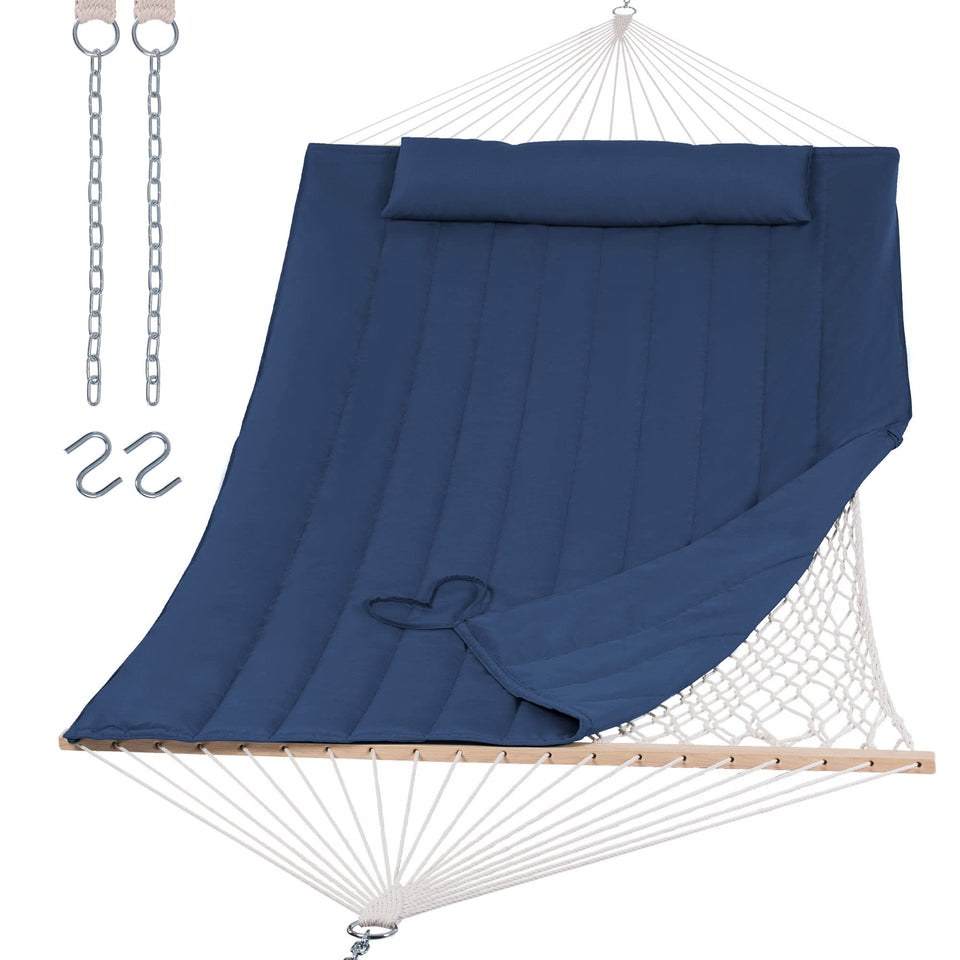 SUNCREAT hammock with hardwood spreader bar provides stable outdoor lounging.