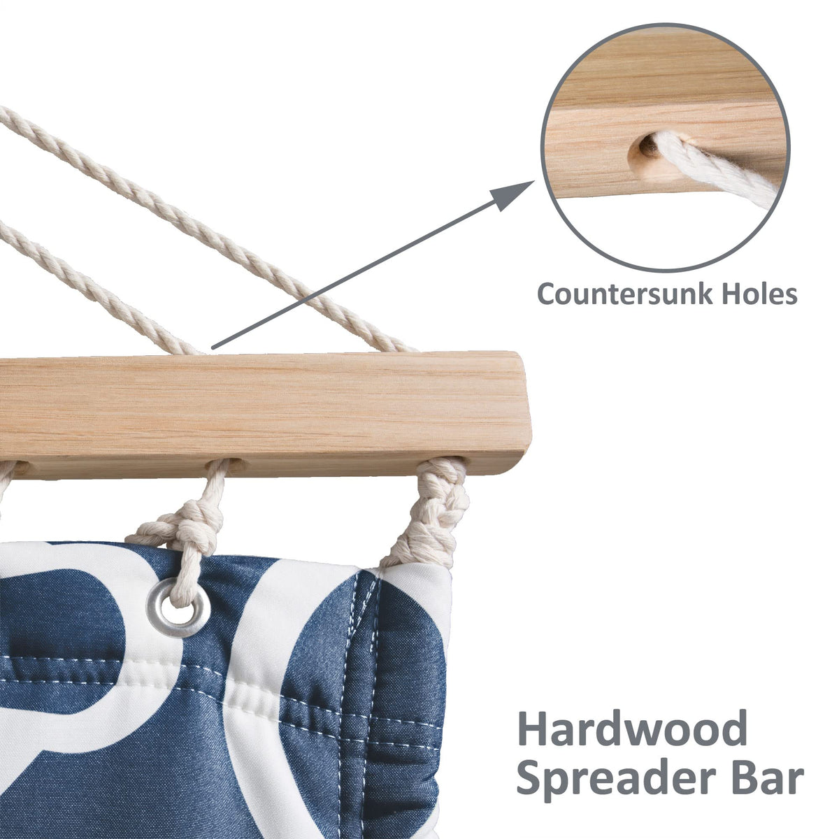 Suncreat hardwood spreader bar with countersunk holes reduces friction.