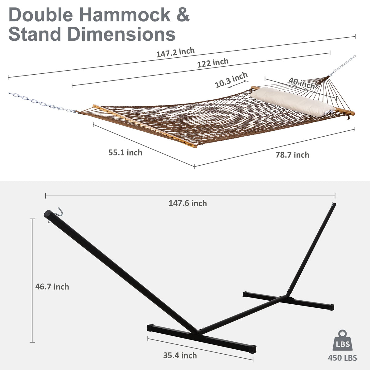 SUNCREAT large hammock dimensions allow inviting shared relaxation outdoors.