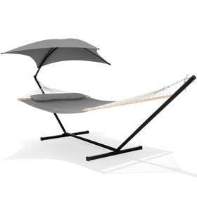 Suncreat outdoor hammock with stand demonstrates a stable setup for relaxed outdoor lounging.