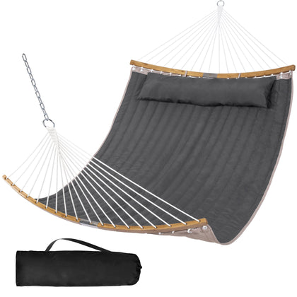 SUNCREAT portable double hammock with curved spreader bar for comfortable outdoor lounging.