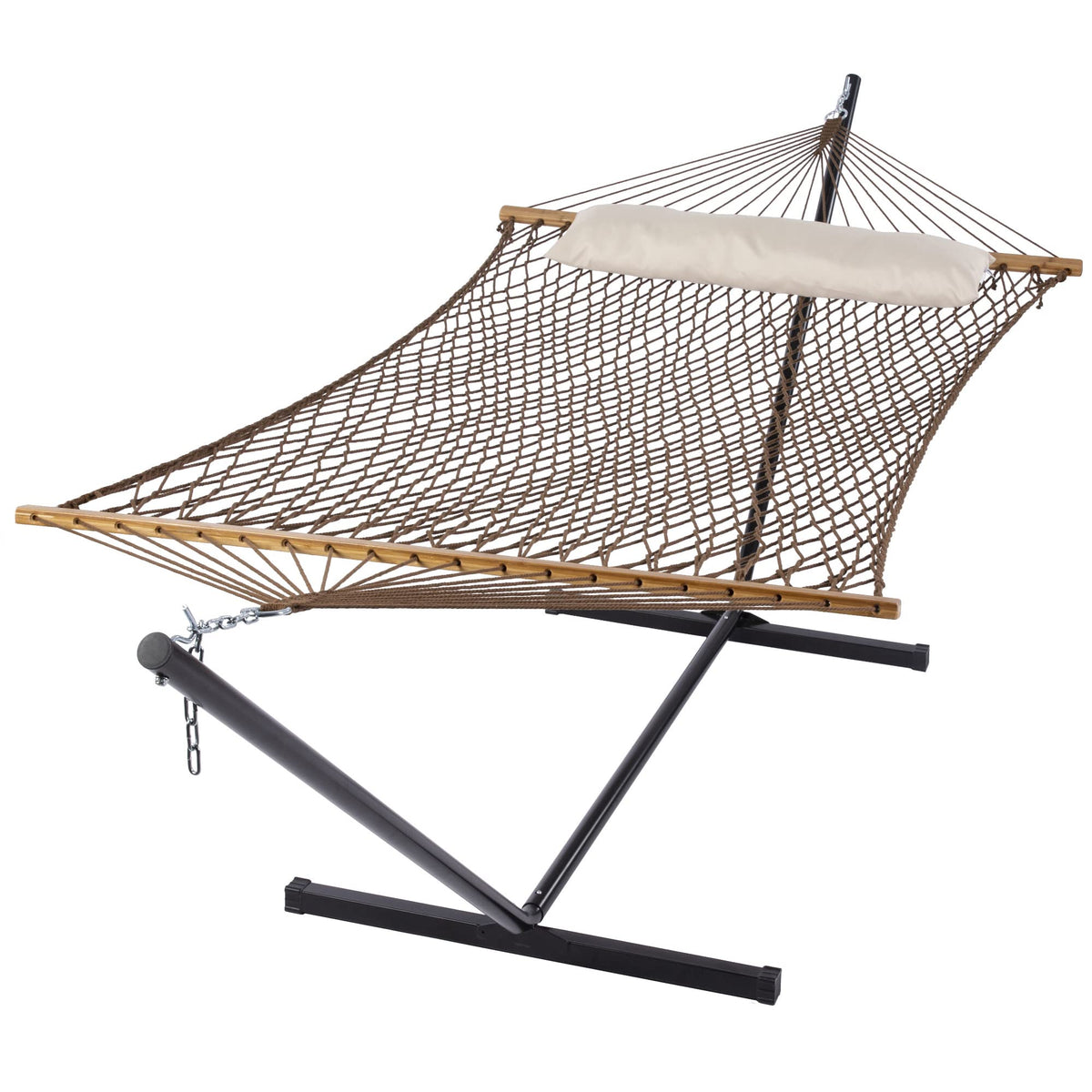 SUNCREAT portable hammock bed shows handwoven comfort for outdoor relaxation.