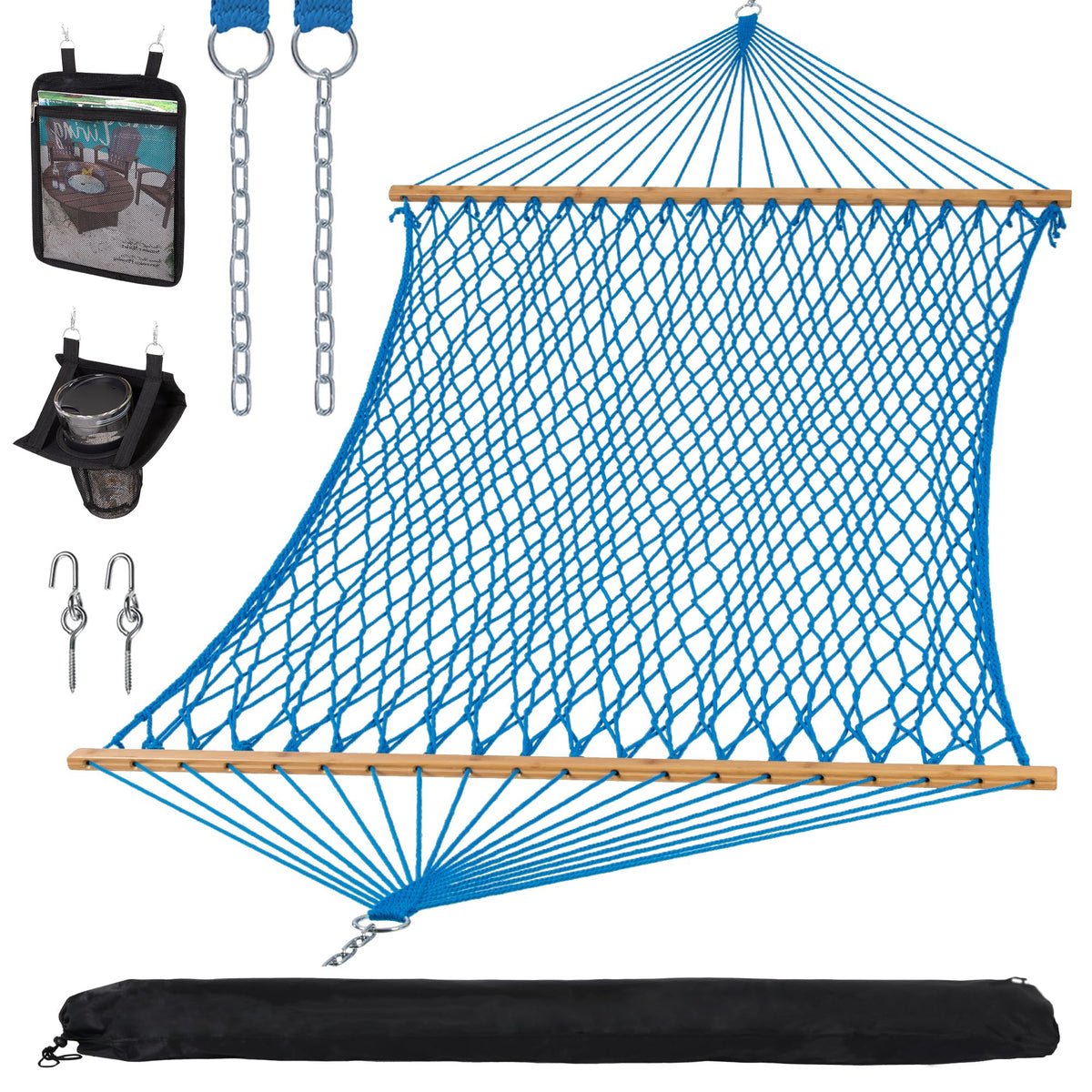 Suncreat rope hammock in blue, ready for outdoor lounging.