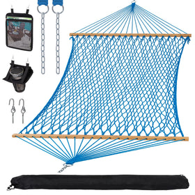 Suncreat rope hammock in blue, ready for outdoor lounging.