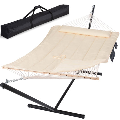 SUNCREAT two-person-hammock-12ft-stand-beige offers spacious outdoor lounging.