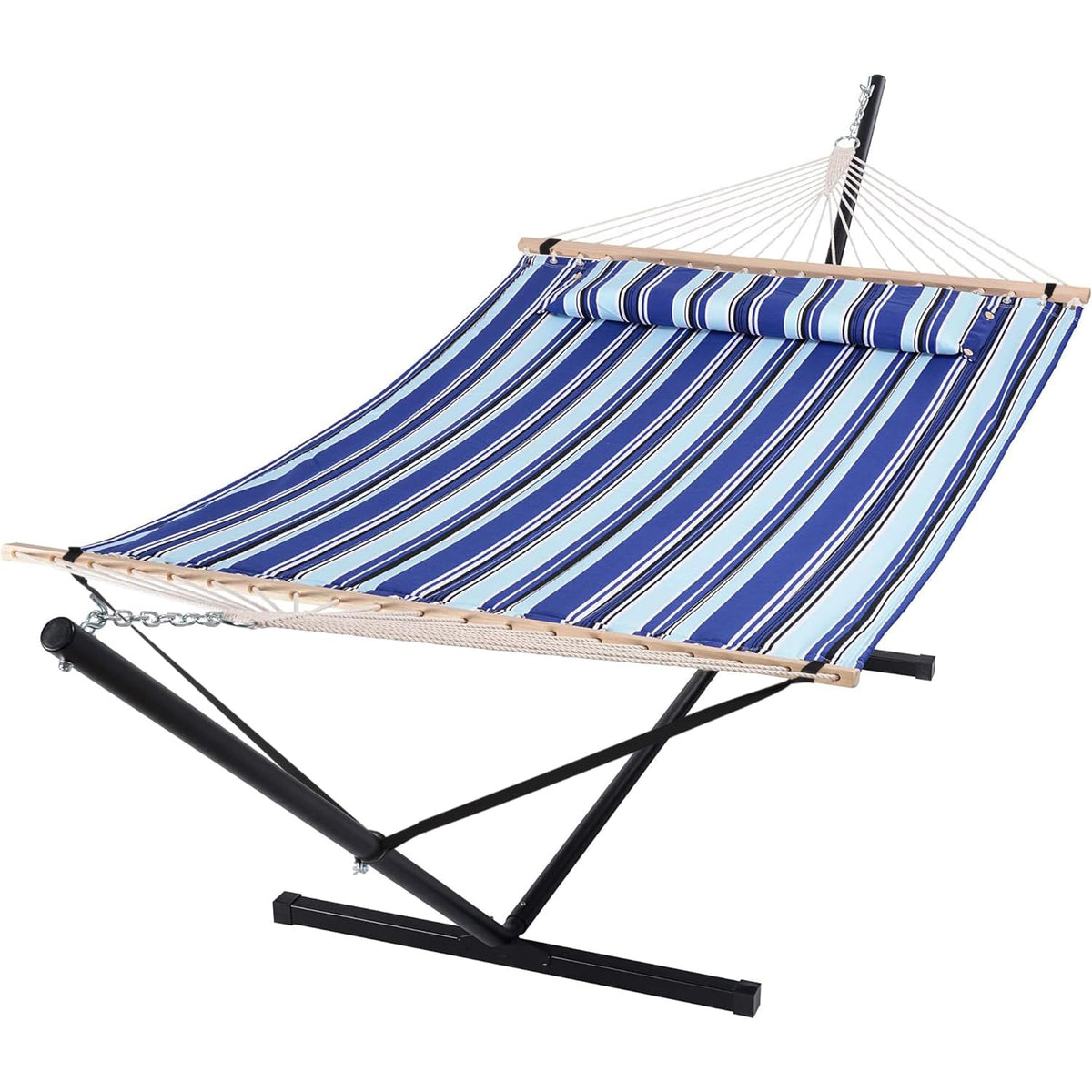 SUNCREAT two-person hammock with blue stripes for outdoor lounging.