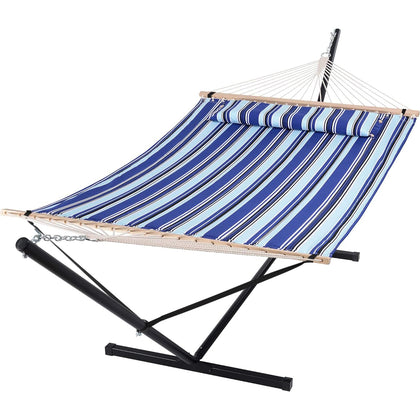 SUNCREAT two-person hammock with blue stripes for outdoor lounging.
