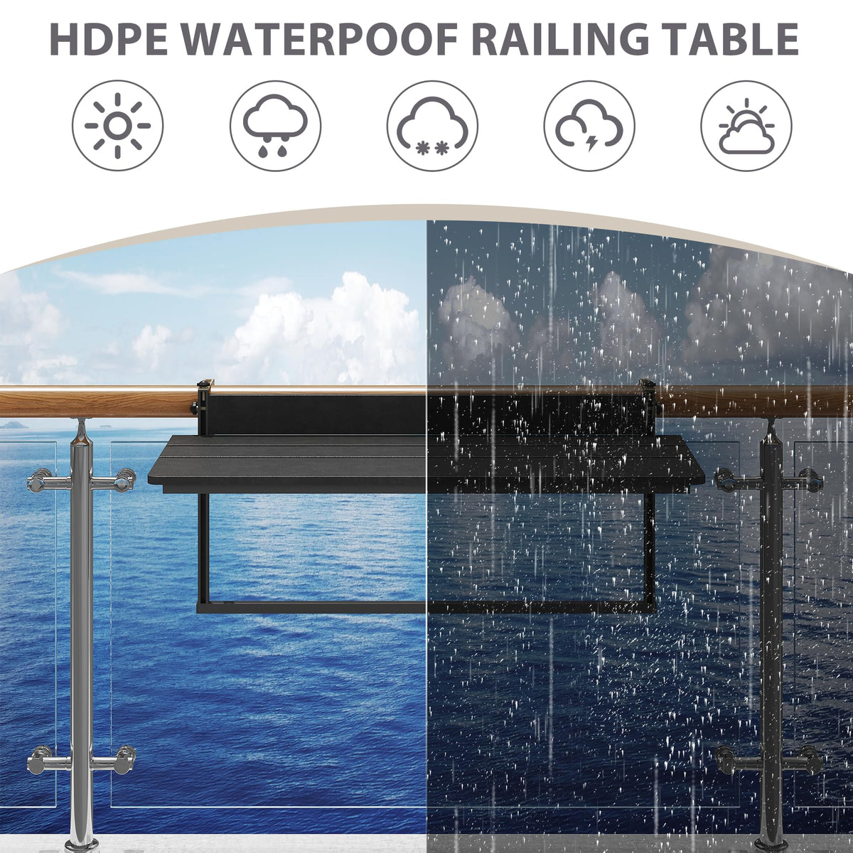 Sundale Outdoor adjustable rail-mount hanging table adapts to railing positions