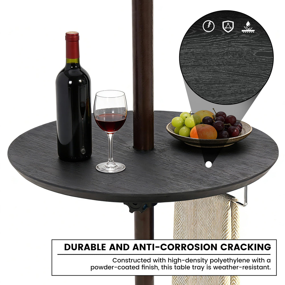 Sundale Outdoor adjustable umbrella table in-use on patio, convenient surface