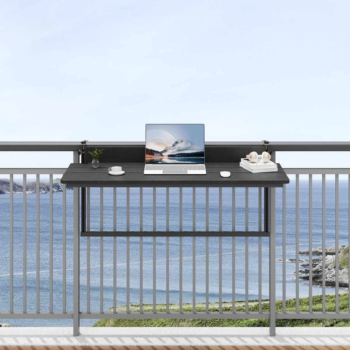 Sundale Outdoor space-saving folding table frees balcony floor space when not in use